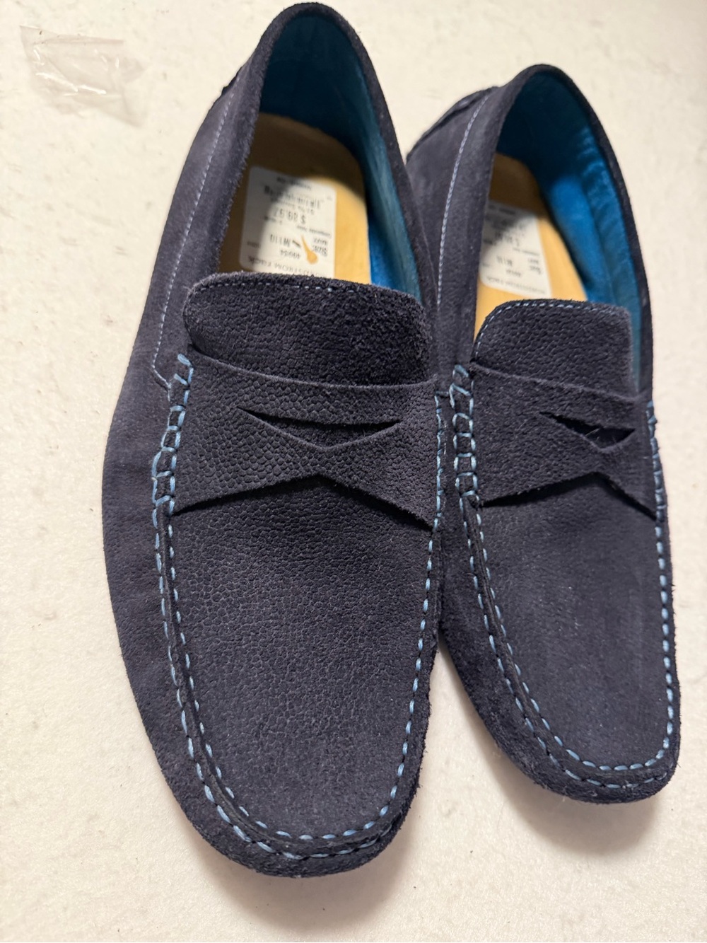 Donald J. Pliner Navy Suede Penny Loafers with Light Blue Stitching